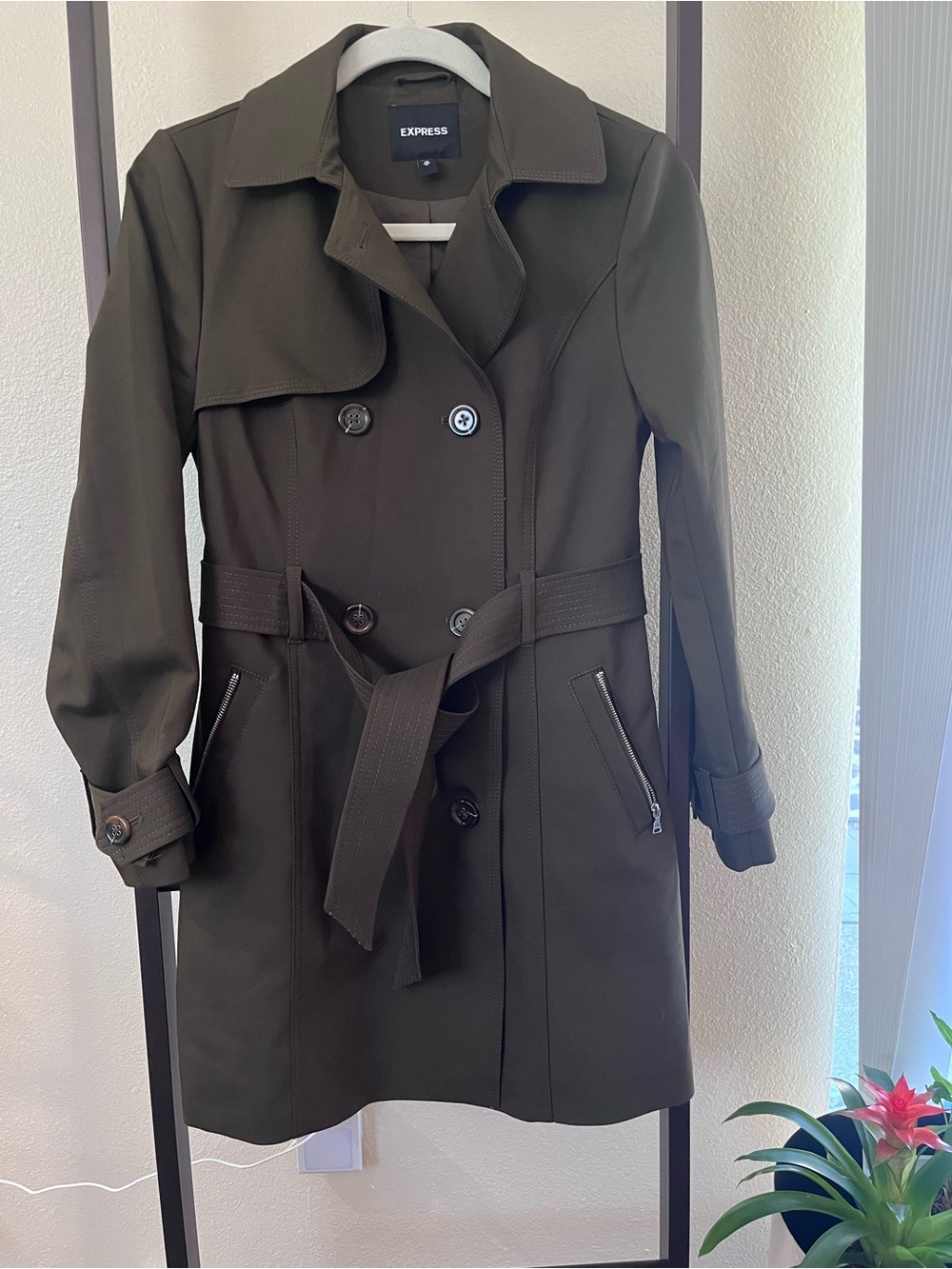 Express Dark Olive Green Double-Breasted Trench Coat EUC